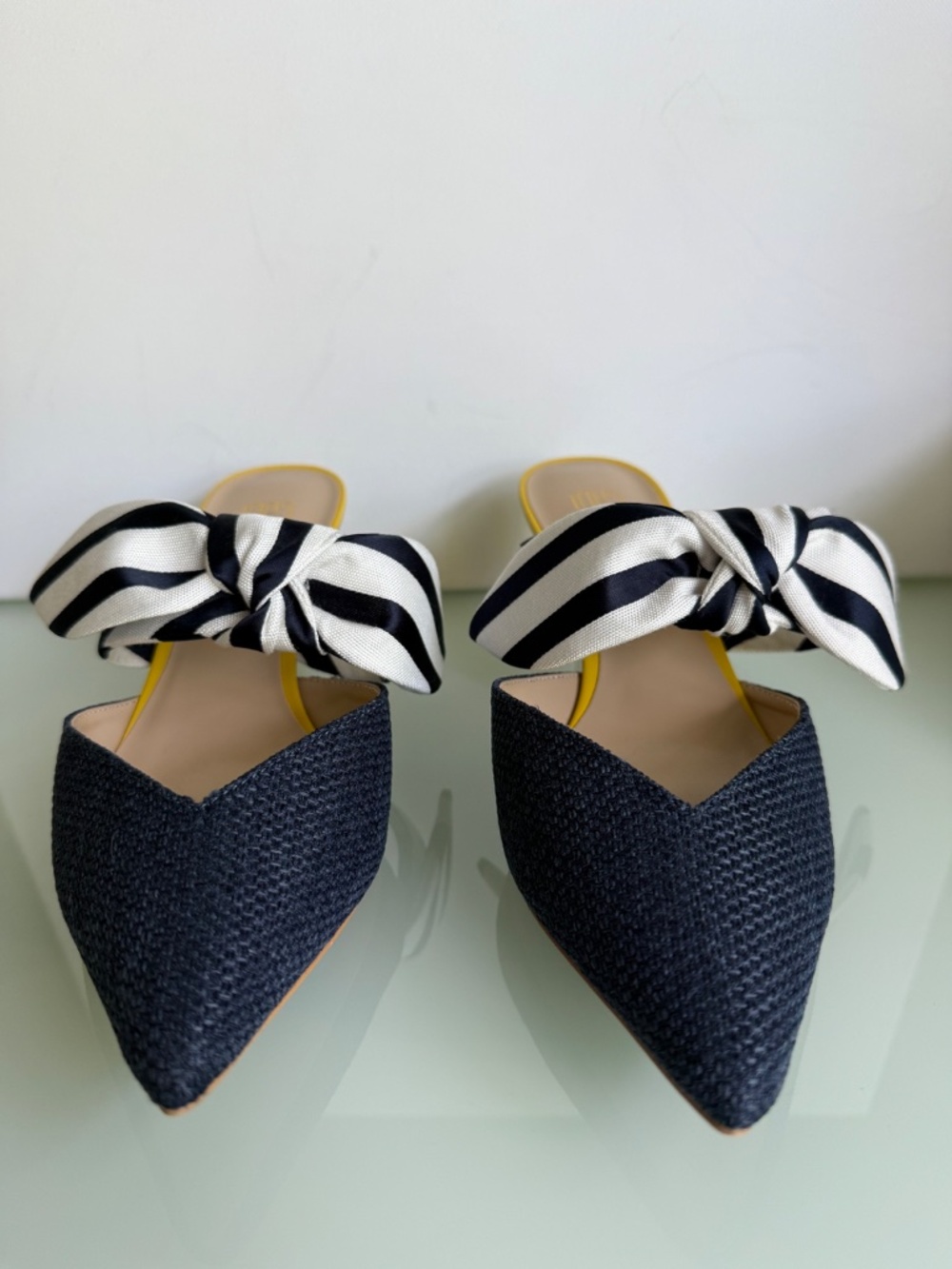 CAbi Style 6022 Bow Kitten Heels Blue Stripe Bow Yellow Heel Size 8 EUC w/Box - Picture 6 of 12